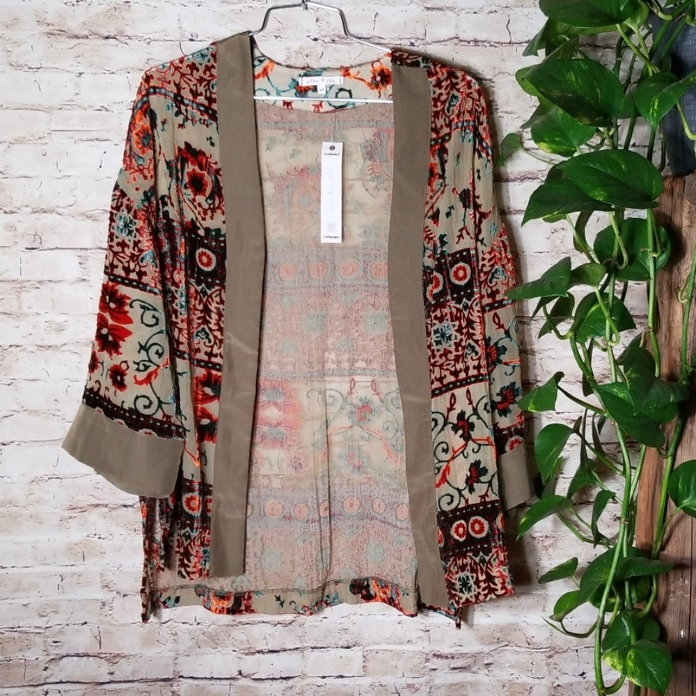 Willow and clay in short embroidered floral kimono